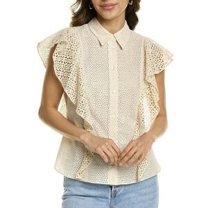 Theory Nova Eyelet Top Ivory Short Sleeve Button Cotton Top L Romantic Cottage